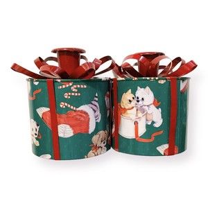 Unique Pair Vintage Gift Box Puppies Kittens Tin Candlesticks Kitschy Christmas